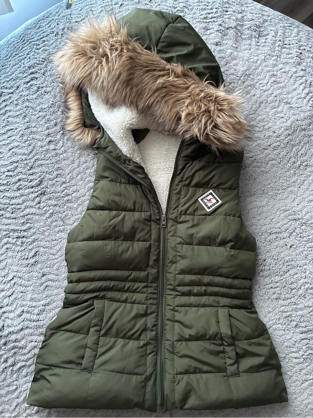 Hollister Olive Green Puffer Vest with Faux Fur Hood